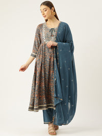 Thumbnail for Women Blue Floral Yoke Design Pleated Gotta Patti Kurta with Trousers & With Dupatta - RueCollections