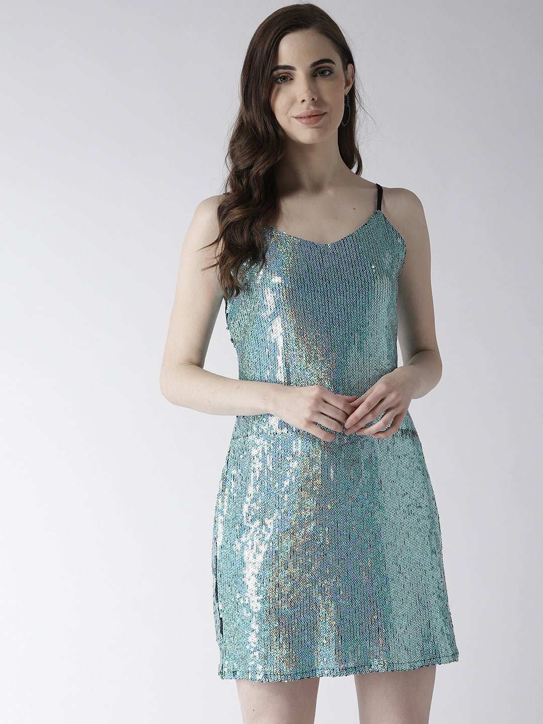 Women Blue Sequinned A - Line Dress - RueCollections