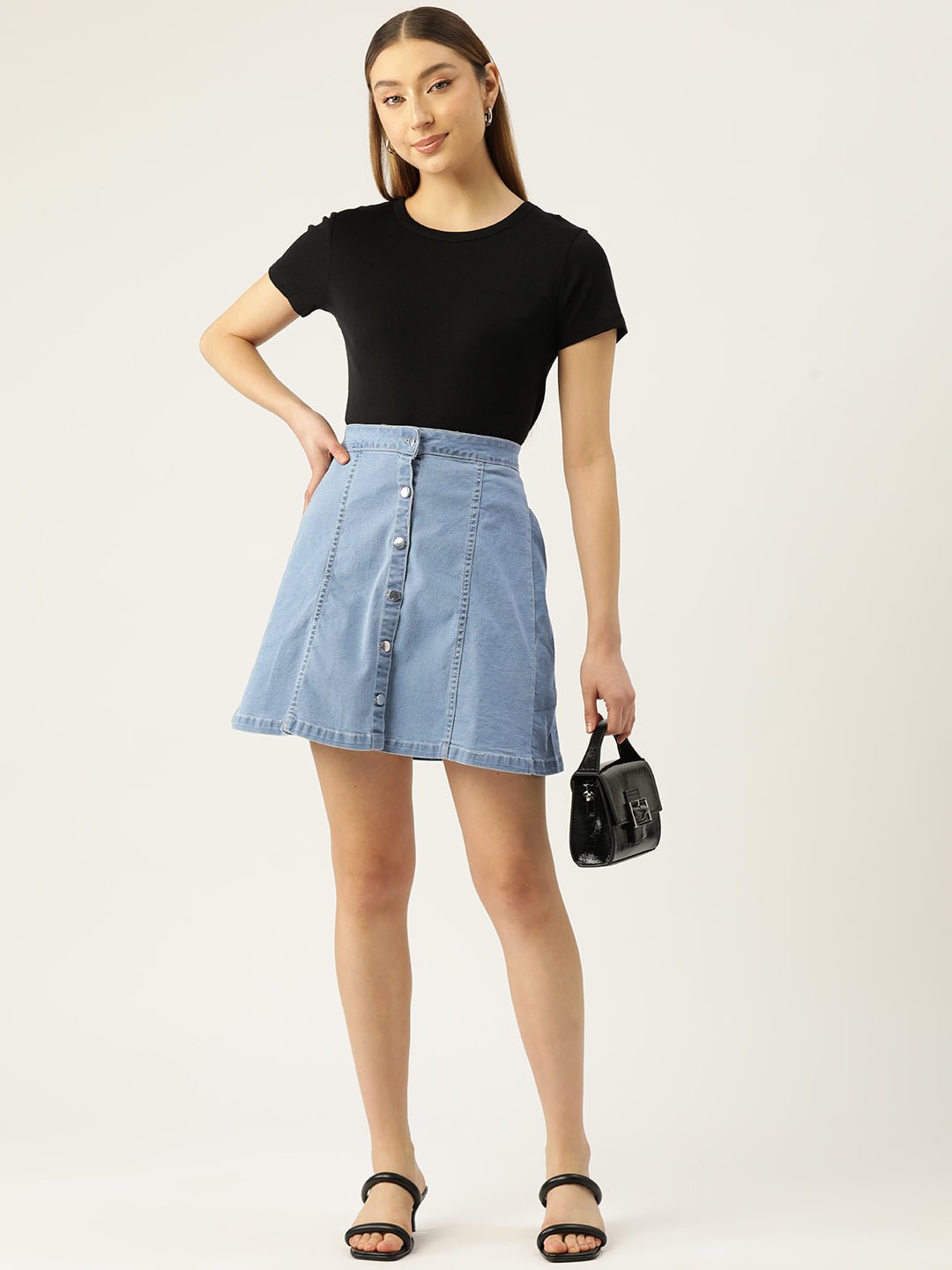 Women Blue Solid A - Line Denim Skirt - RueCollections