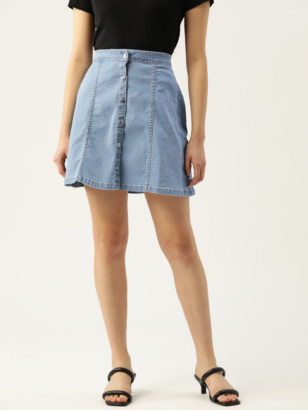 Women Blue Solid A - Line Denim Skirt - RueCollections