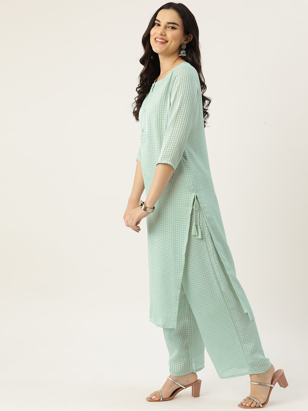 Women Checked Mirror Work Kurta with Palazzos - RueCollections