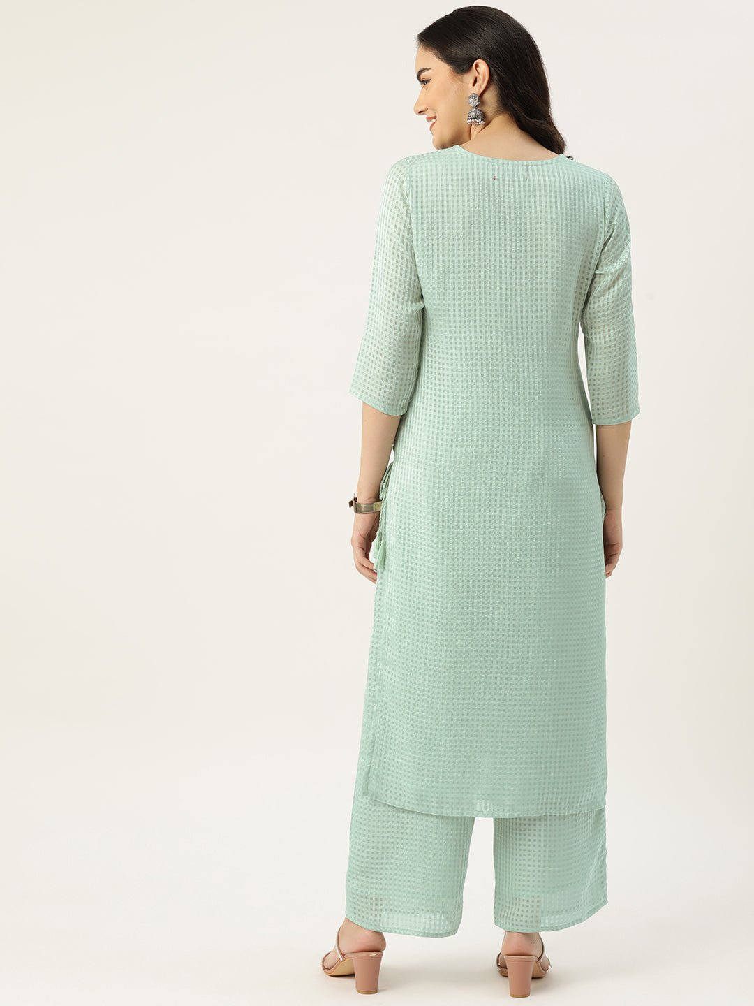 Women Checked Mirror Work Kurta with Palazzos - RueCollections