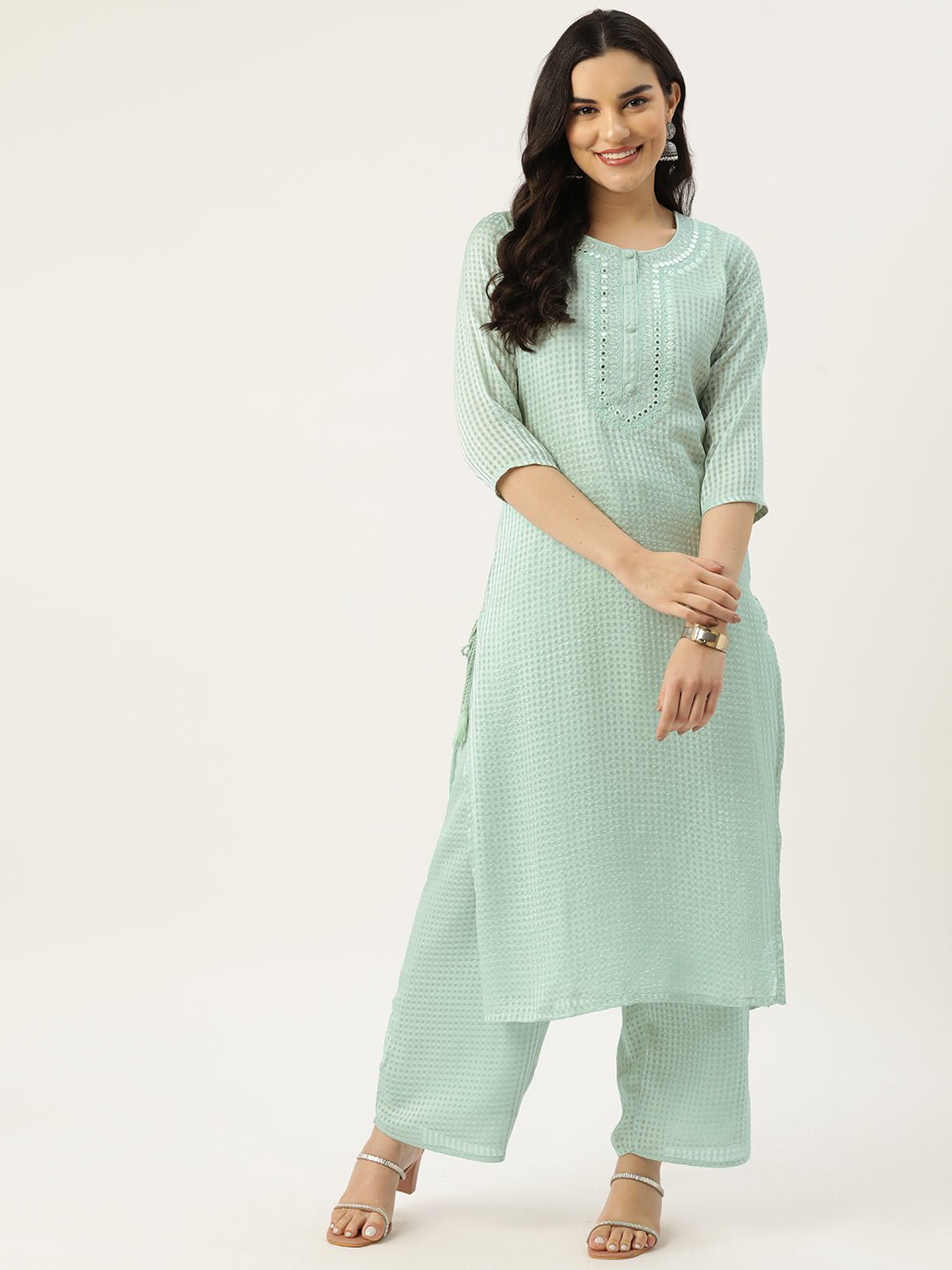 Women Checked Mirror Work Kurta with Palazzos - RueCollections