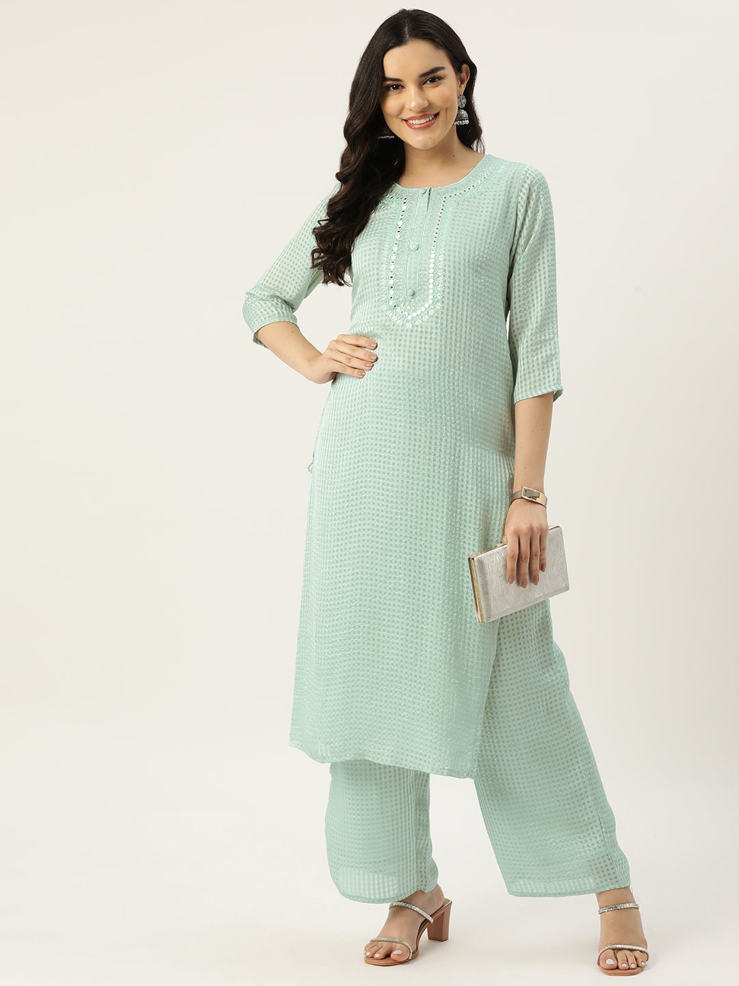 Women Checked Mirror Work Kurta with Palazzos - RueCollections