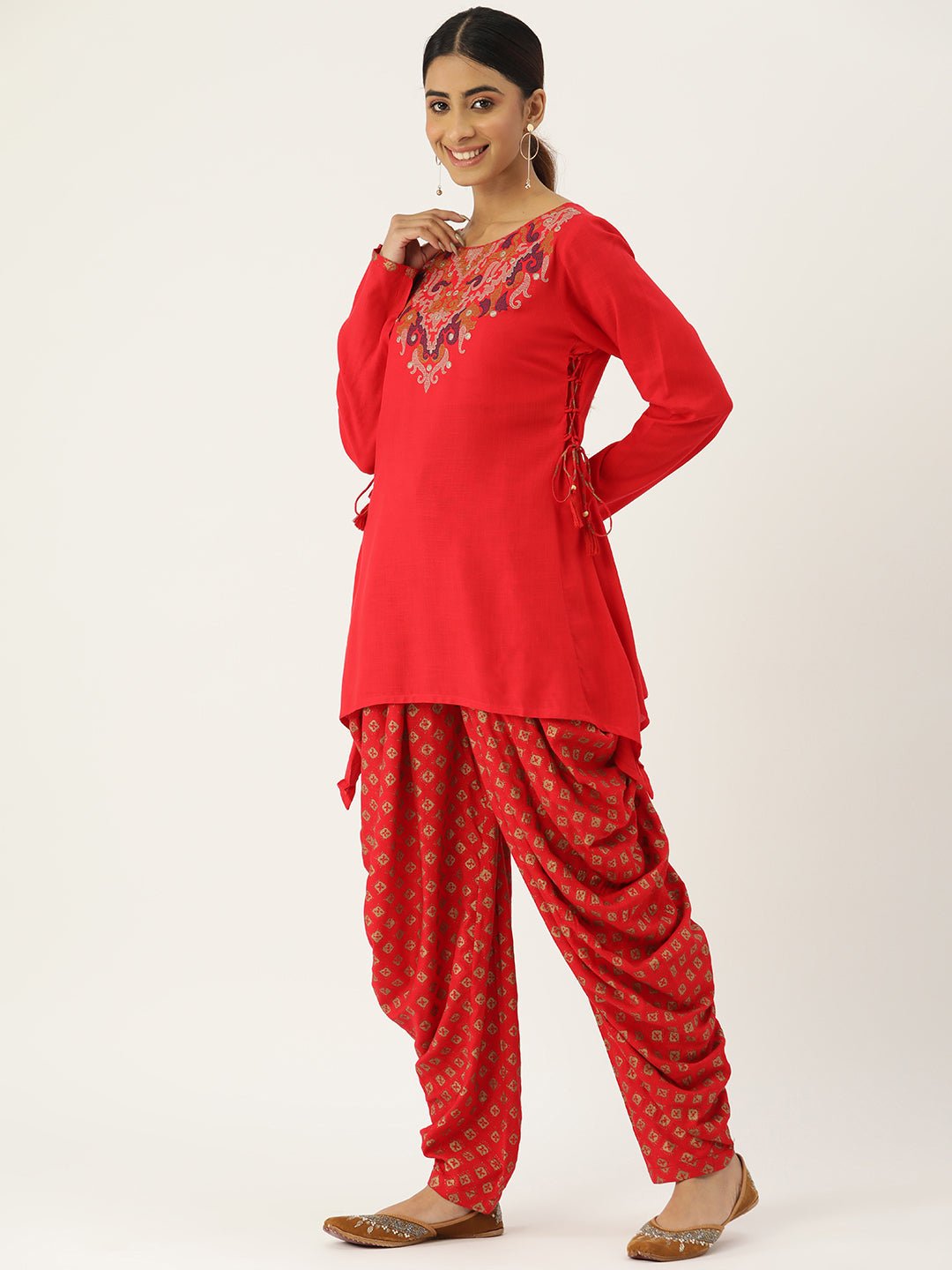 Women Embroidered Mirror Work Cotton Kurti with Dhoti Pants & With Shrug - RueCollections