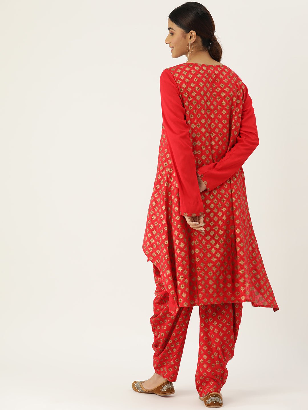 Women Embroidered Mirror Work Cotton Kurti with Dhoti Pants & With Shrug - RueCollections