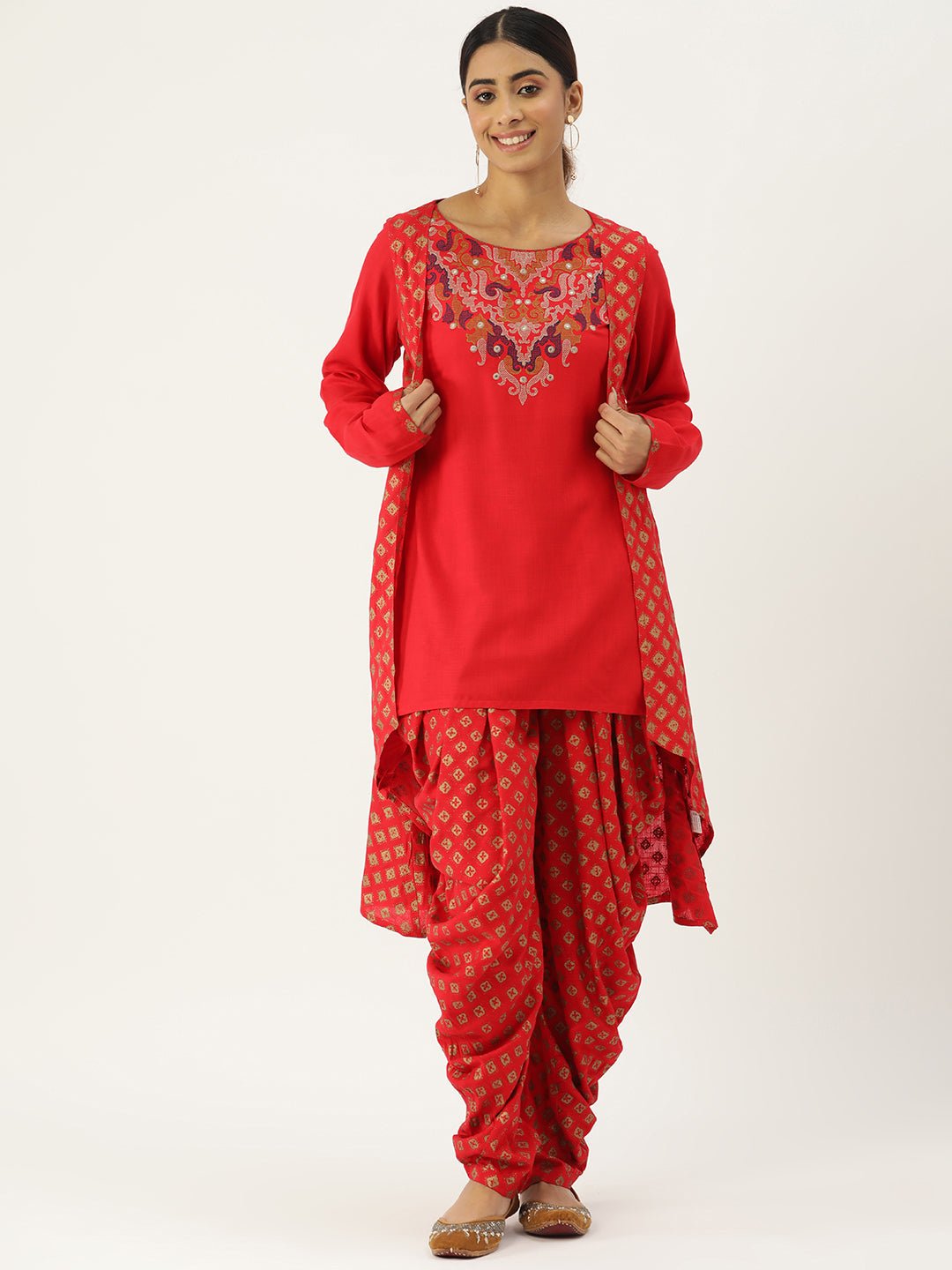 Women Embroidered Mirror Work Cotton Kurti with Dhoti Pants & With Shrug - RueCollections