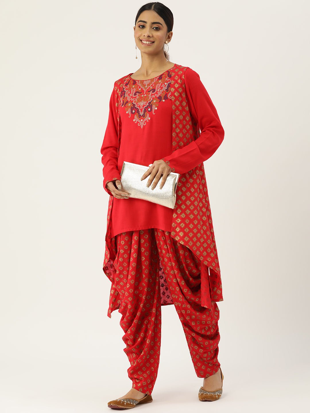 Women Embroidered Mirror Work Cotton Kurti with Dhoti Pants & With Shrug - RueCollections