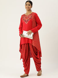 Thumbnail for Women Embroidered Mirror Work Cotton Kurti with Dhoti Pants & With Shrug - RueCollections