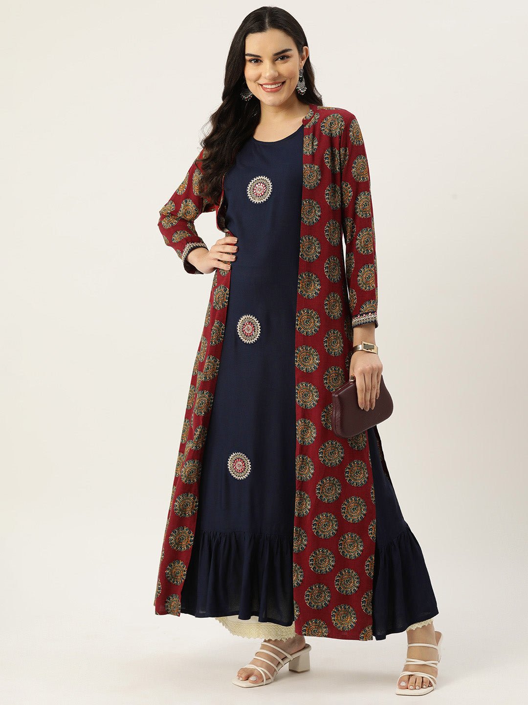 Women Ethnic Motifs Embellished Mirror Work Anarkali Kurta With A Jacket - RueCollections