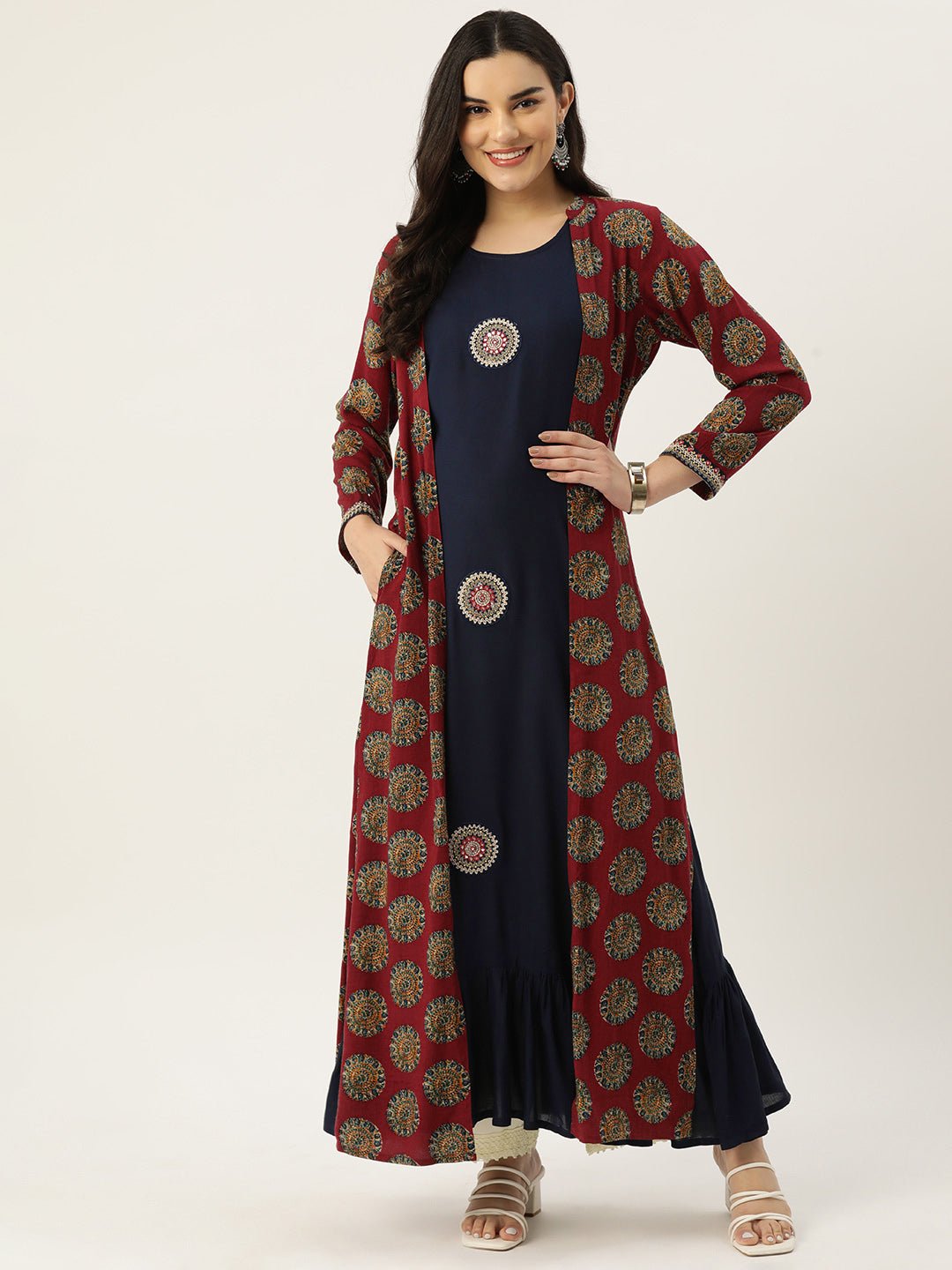 Women Ethnic Motifs Embellished Mirror Work Anarkali Kurta With A Jacket - RueCollections