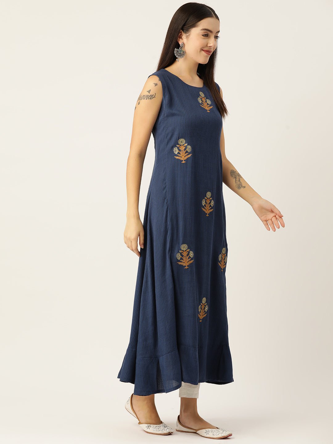 Women Ethnic Motifs Embroidered Thread Work A - Line Kurta with Shrug - RueCollections