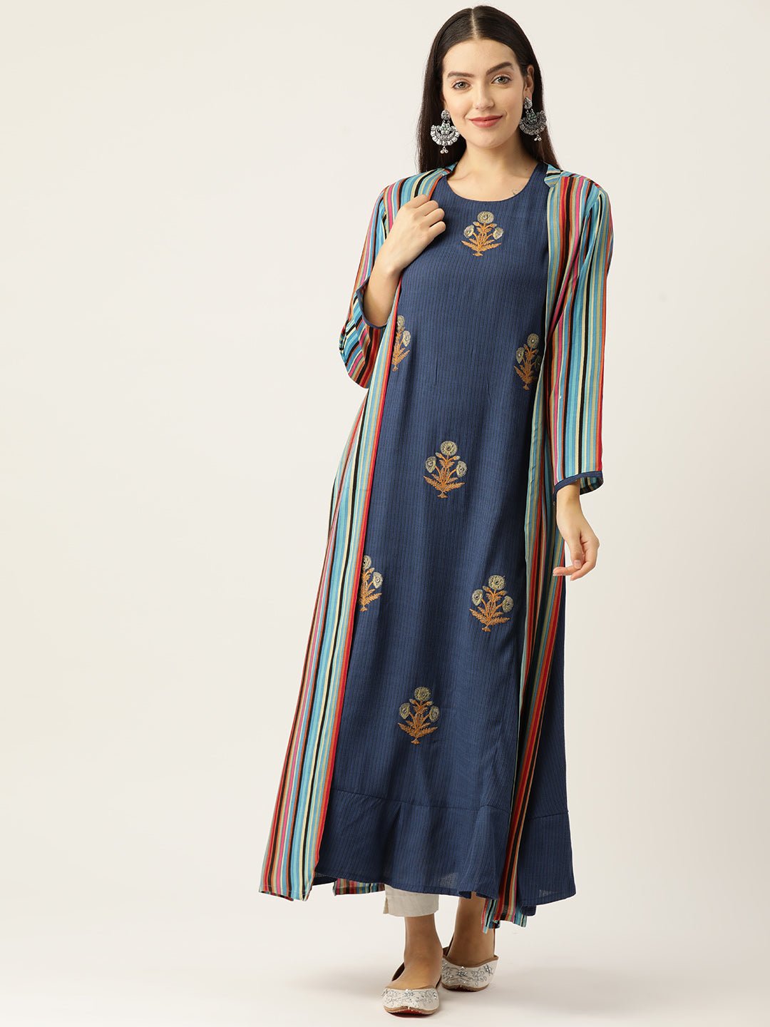 Women Ethnic Motifs Embroidered Thread Work A - Line Kurta with Shrug - RueCollections