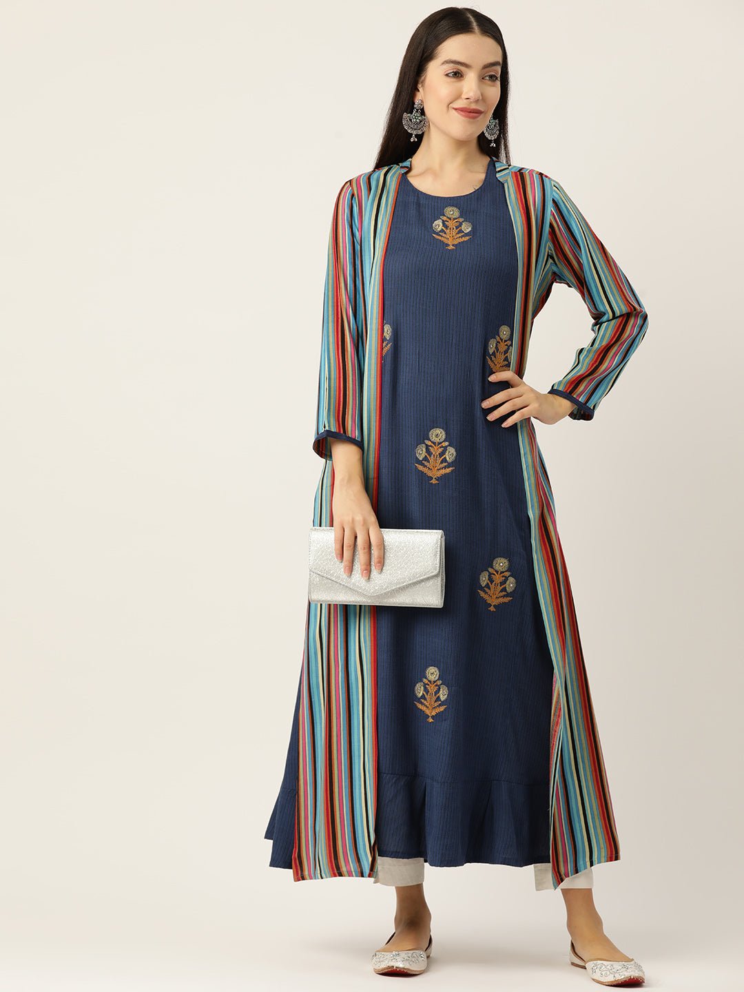 Women Ethnic Motifs Embroidered Thread Work A - Line Kurta with Shrug - RueCollections