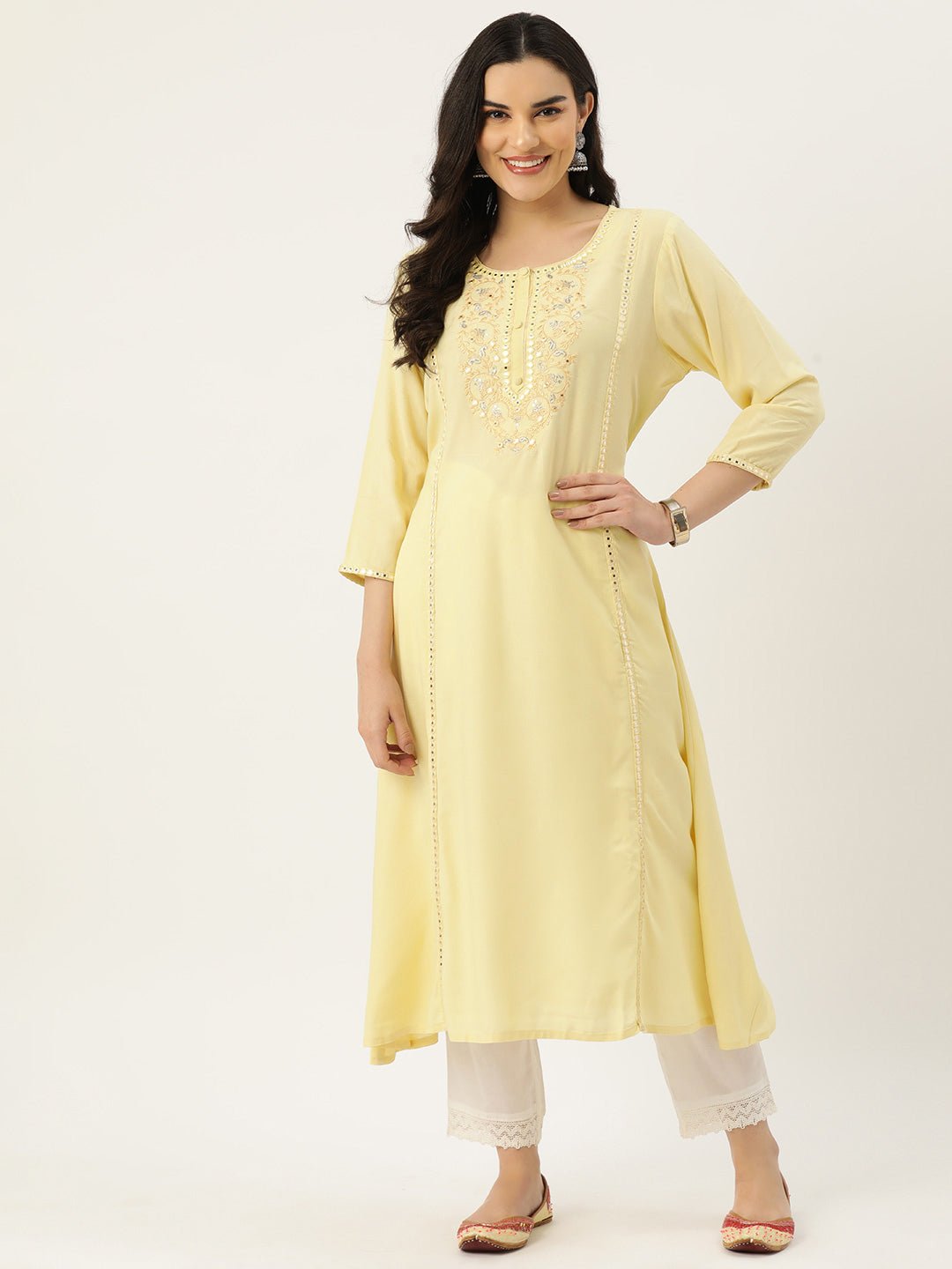 Women Ethnic Motifs Yoke Design Embellished Kurta - RueCollections