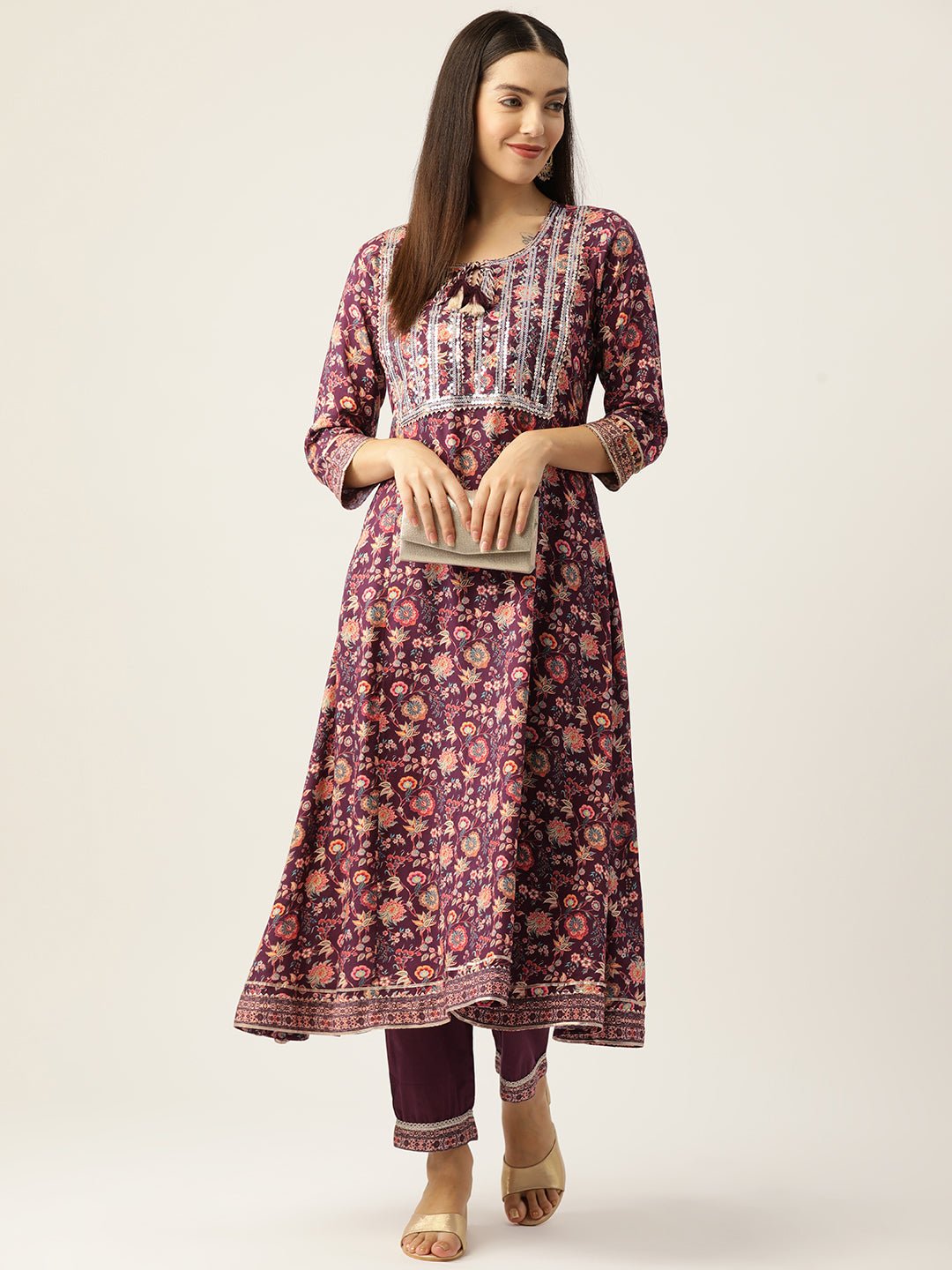 Women Floral Printed Regular Sequinned Kurta with Trousers & Dupatta - RueCollections