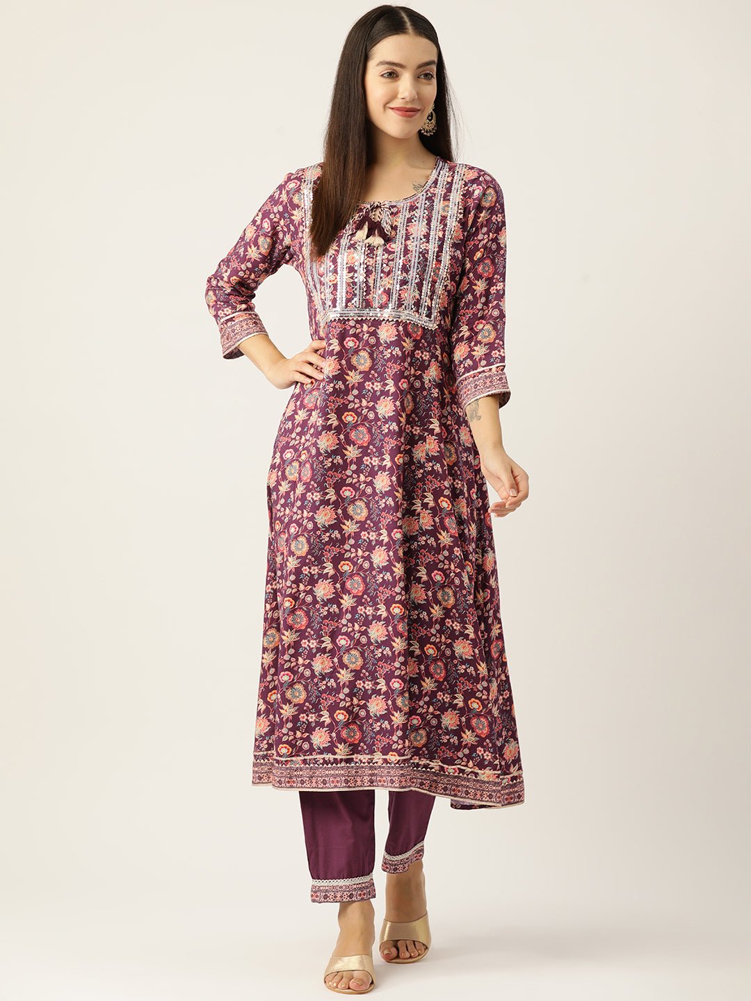 Women Floral Printed Regular Sequinned Kurta with Trousers & Dupatta - RueCollections