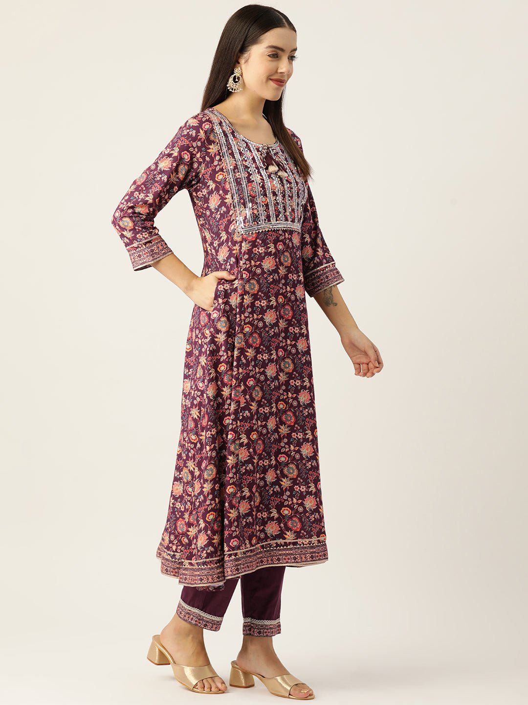 Women Floral Printed Regular Sequinned Kurta with Trousers & Dupatta - RueCollections