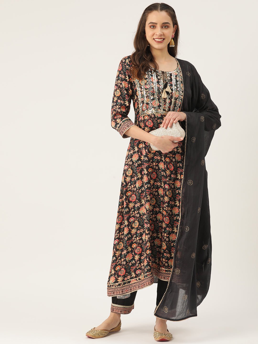 Women Floral Printed Regular Sequinned Kurta with Trousers & With Dupatta - RueCollections