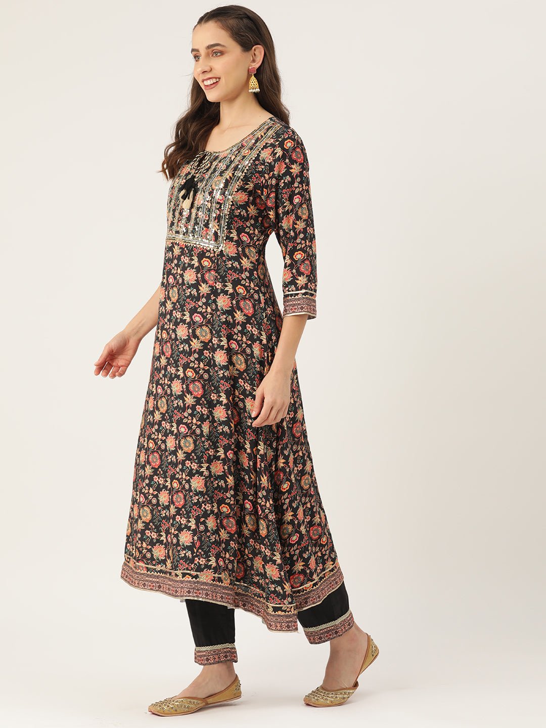 Women Floral Printed Regular Sequinned Kurta with Trousers & With Dupatta - RueCollections