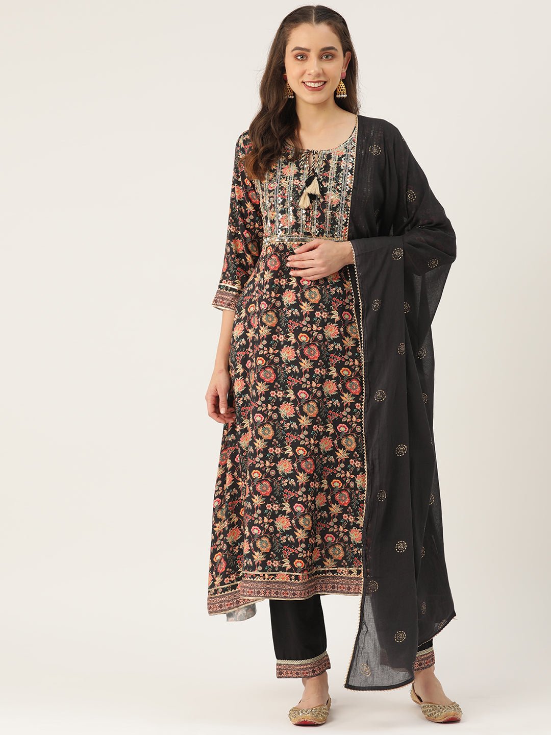 Women Floral Printed Regular Sequinned Kurta with Trousers & With Dupatta - RueCollections