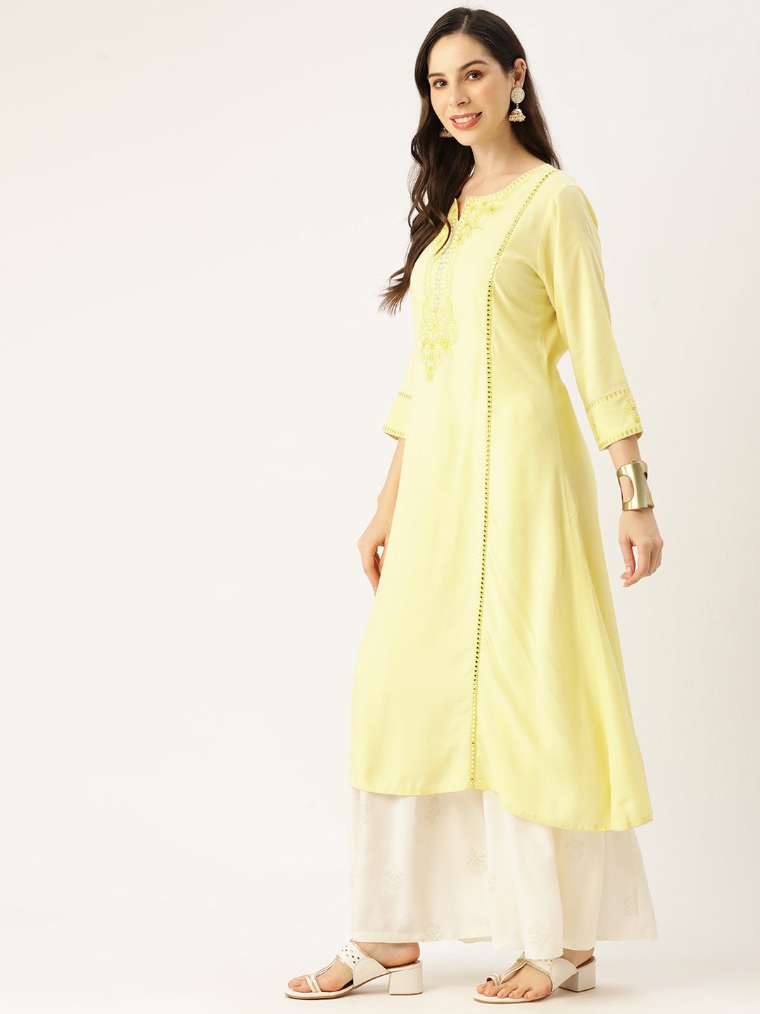 Women Floral Yoke Design Mirror Work Kurta - RueCollections