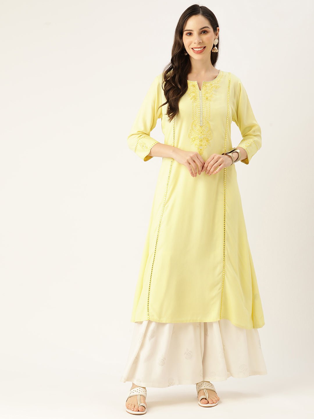 Women Floral Yoke Design Mirror Work Kurta - RueCollections