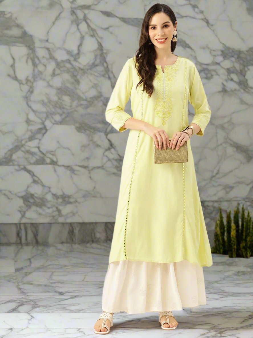 Women Floral Yoke Design Mirror Work Kurta - RueCollections