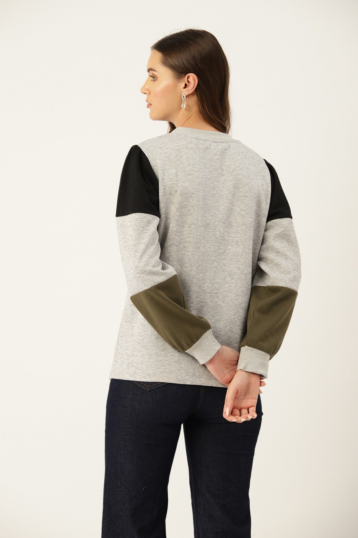 Women Grey Colourblocked Pullover Sweatshirt - RueCollections