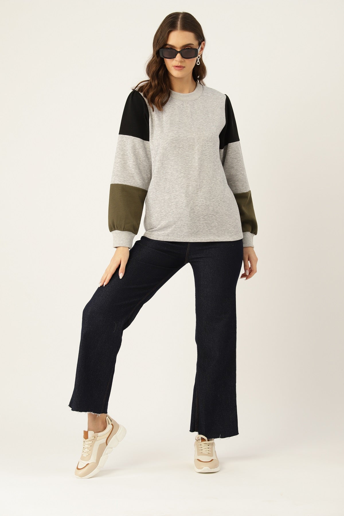 Women Grey Colourblocked Pullover Sweatshirt - RueCollections