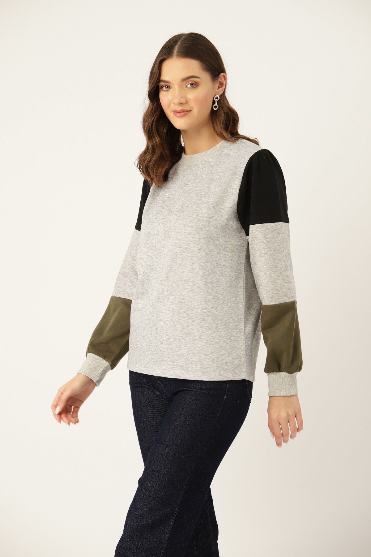 Women Grey Colourblocked Pullover Sweatshirt - RueCollections