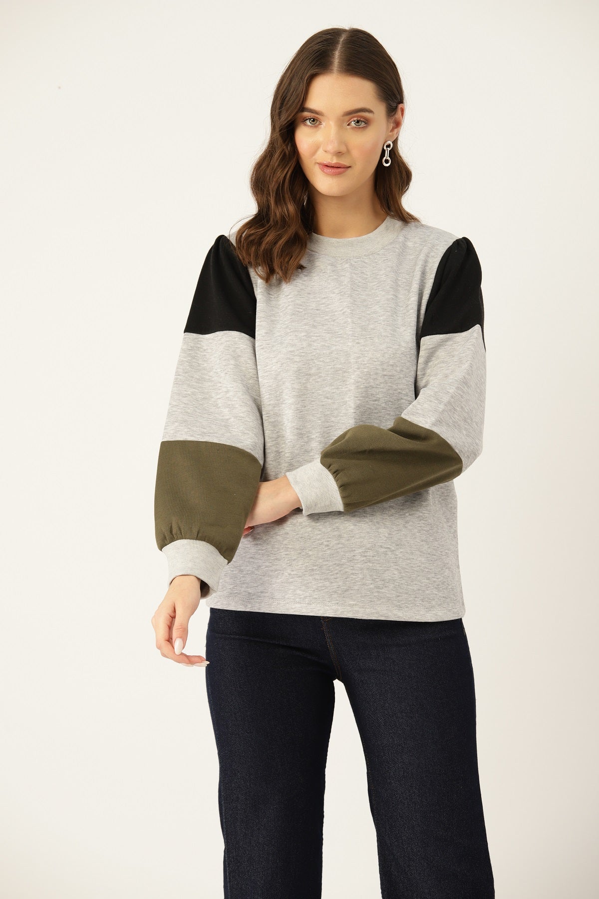 Women Grey Colourblocked Pullover Sweatshirt - RueCollections