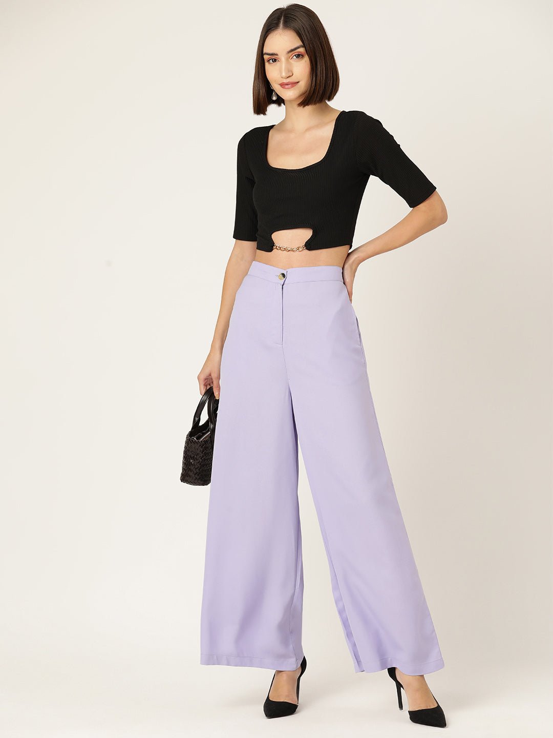 Women Lavender Relaxed Loose Fit High - Rise Pleated Trousers - RueCollections