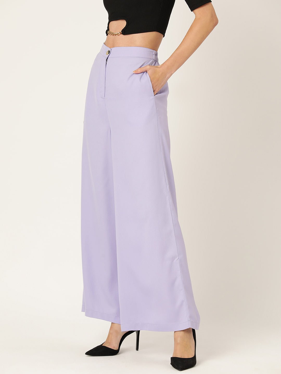 Women Lavender Relaxed Loose Fit High - Rise Pleated Trousers - RueCollections