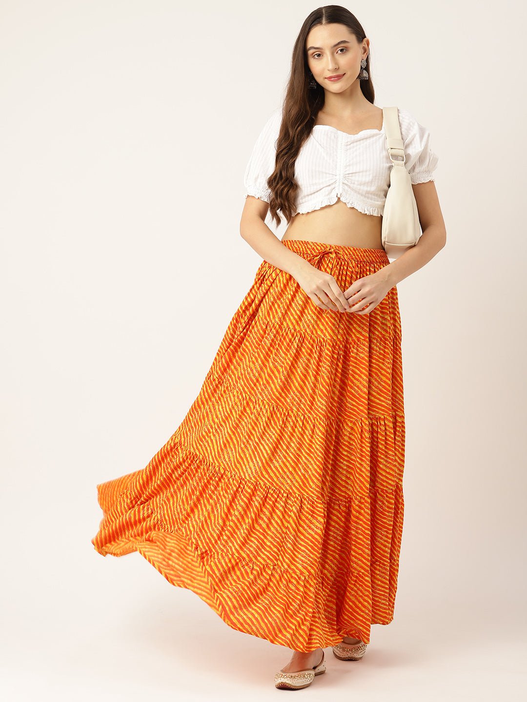 Women Leheriya Striped Tiered Cotton Maxi Skirt - RueCollections