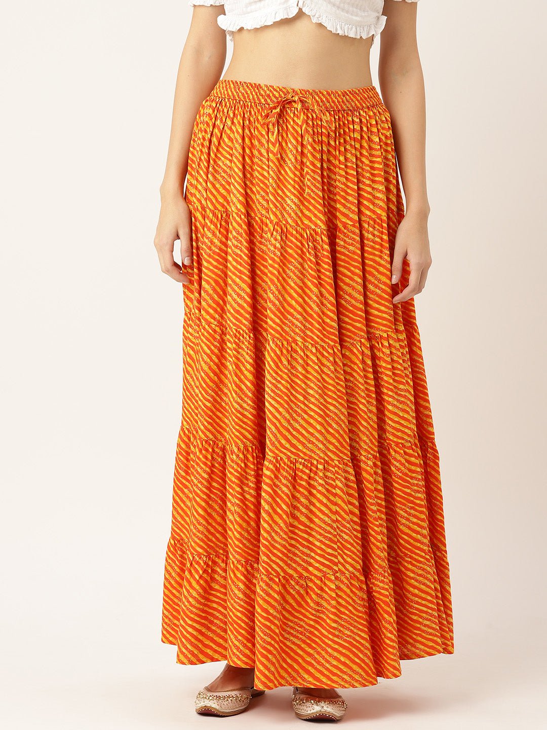 Women Leheriya Striped Tiered Cotton Maxi Skirt - RueCollections