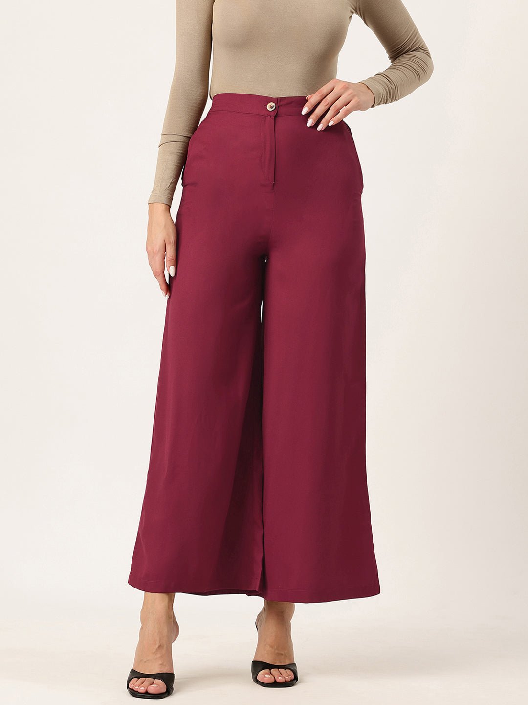 Women Maroon Relaxed Loose Fit High - Rise Trousers - RueCollections