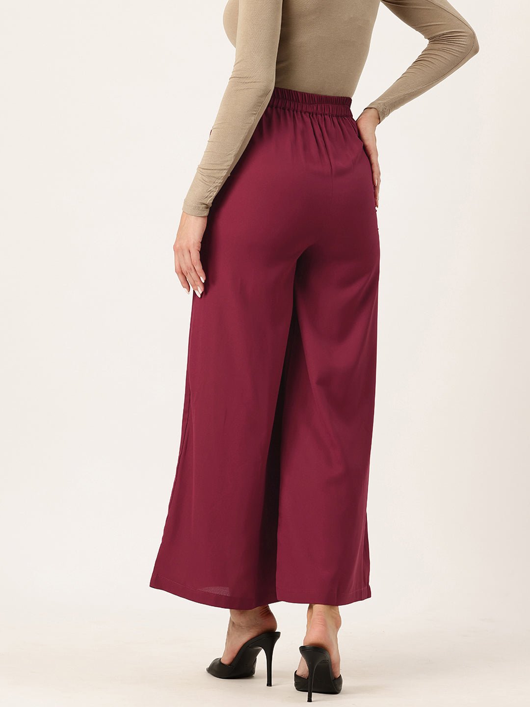 Women Maroon Relaxed Loose Fit High - Rise Trousers - RueCollections