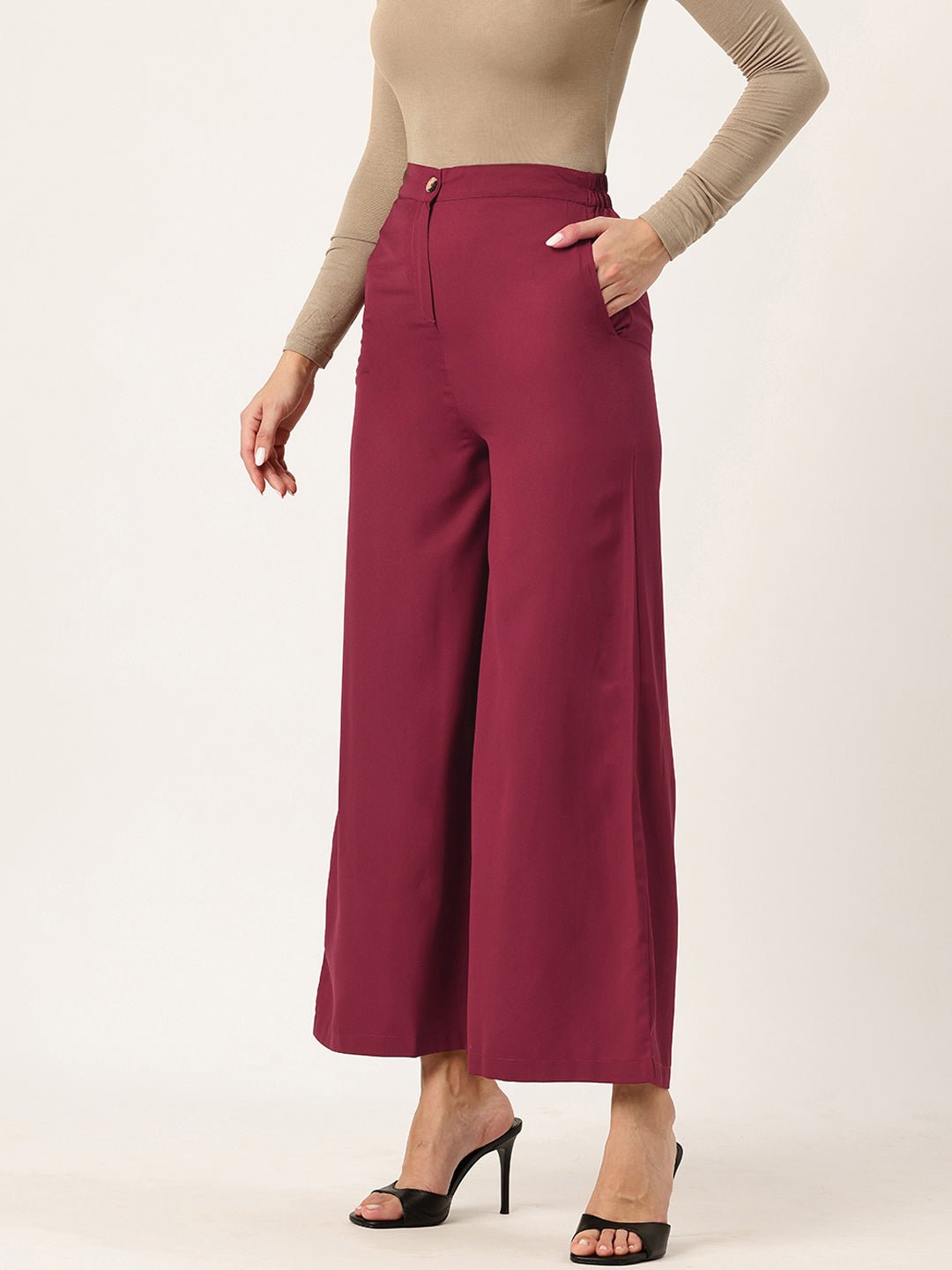 Women Maroon Relaxed Loose Fit High - Rise Trousers - RueCollections