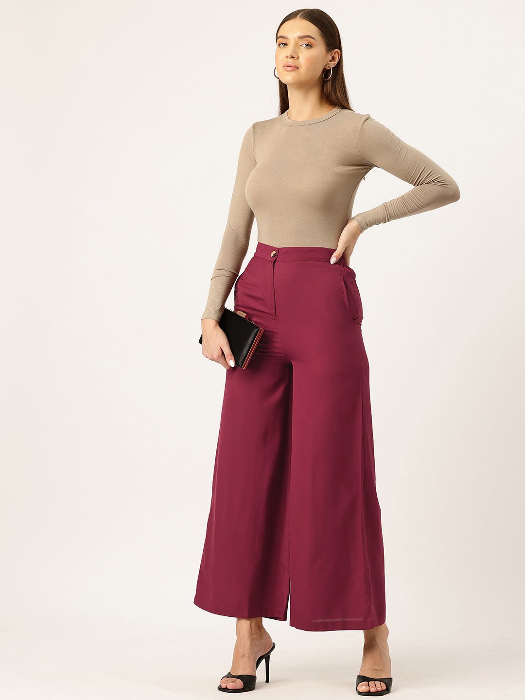 Women Maroon Relaxed Loose Fit High - Rise Trousers - RueCollections