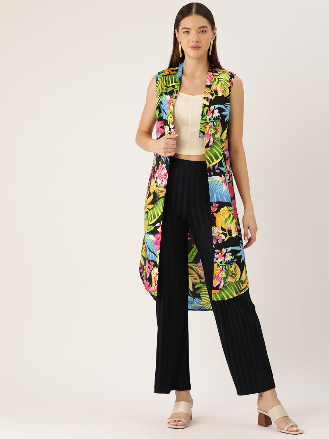 Women Multicoloured Printed Open Front Longline Shrug - RueCollections