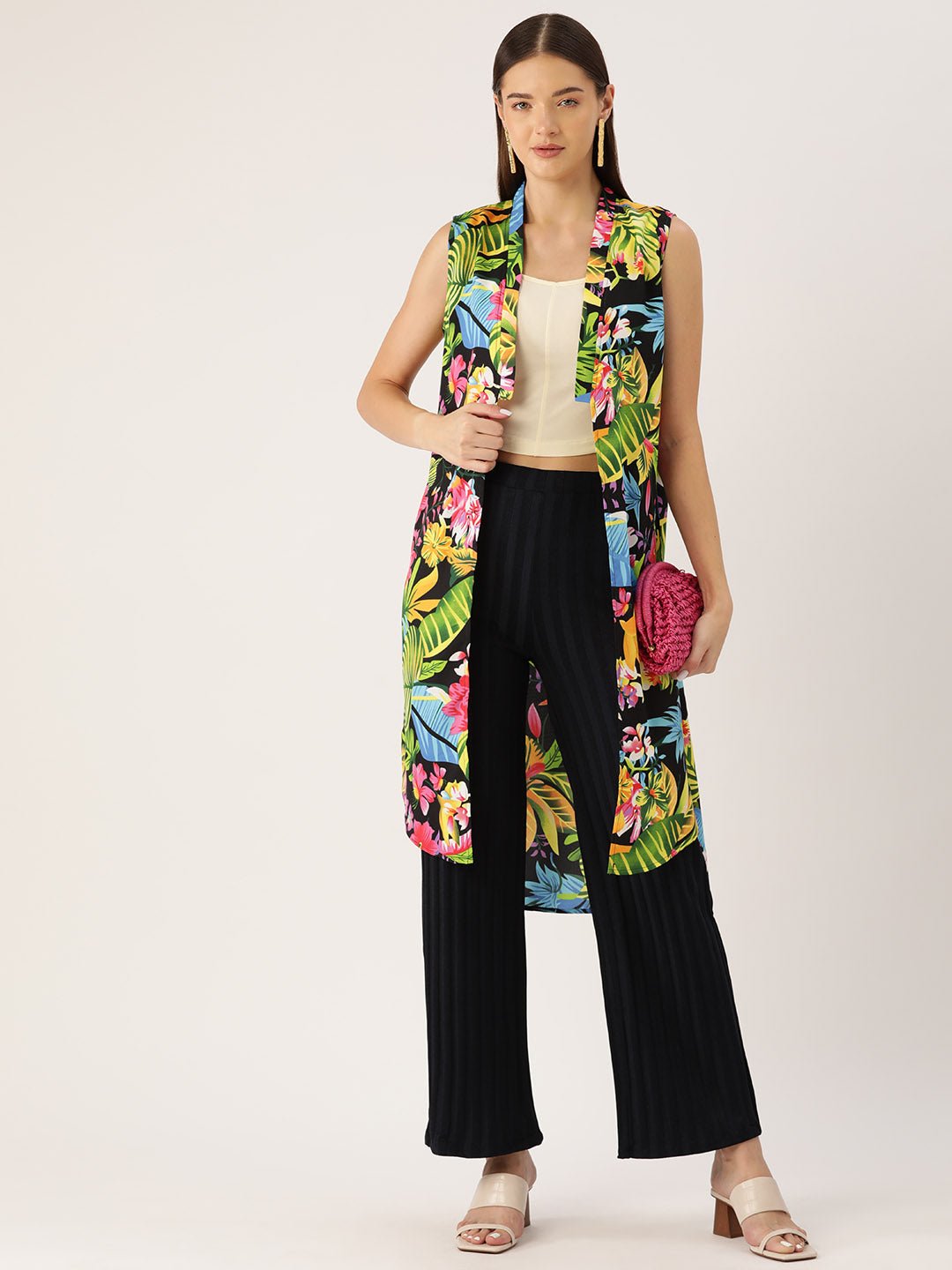 Women Multicoloured Printed Open Front Longline Shrug - RueCollections