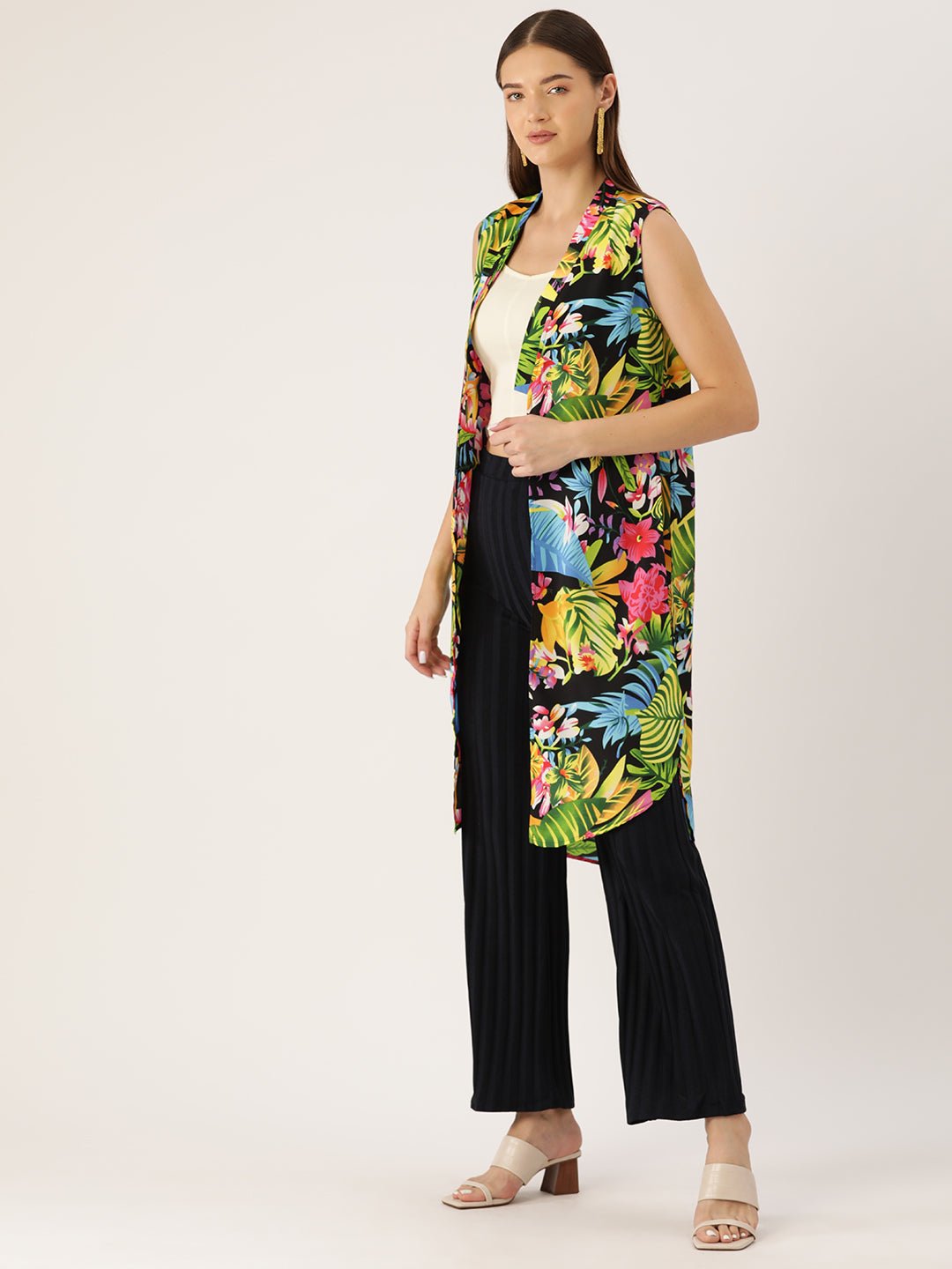 Women Multicoloured Printed Open Front Longline Shrug - RueCollections