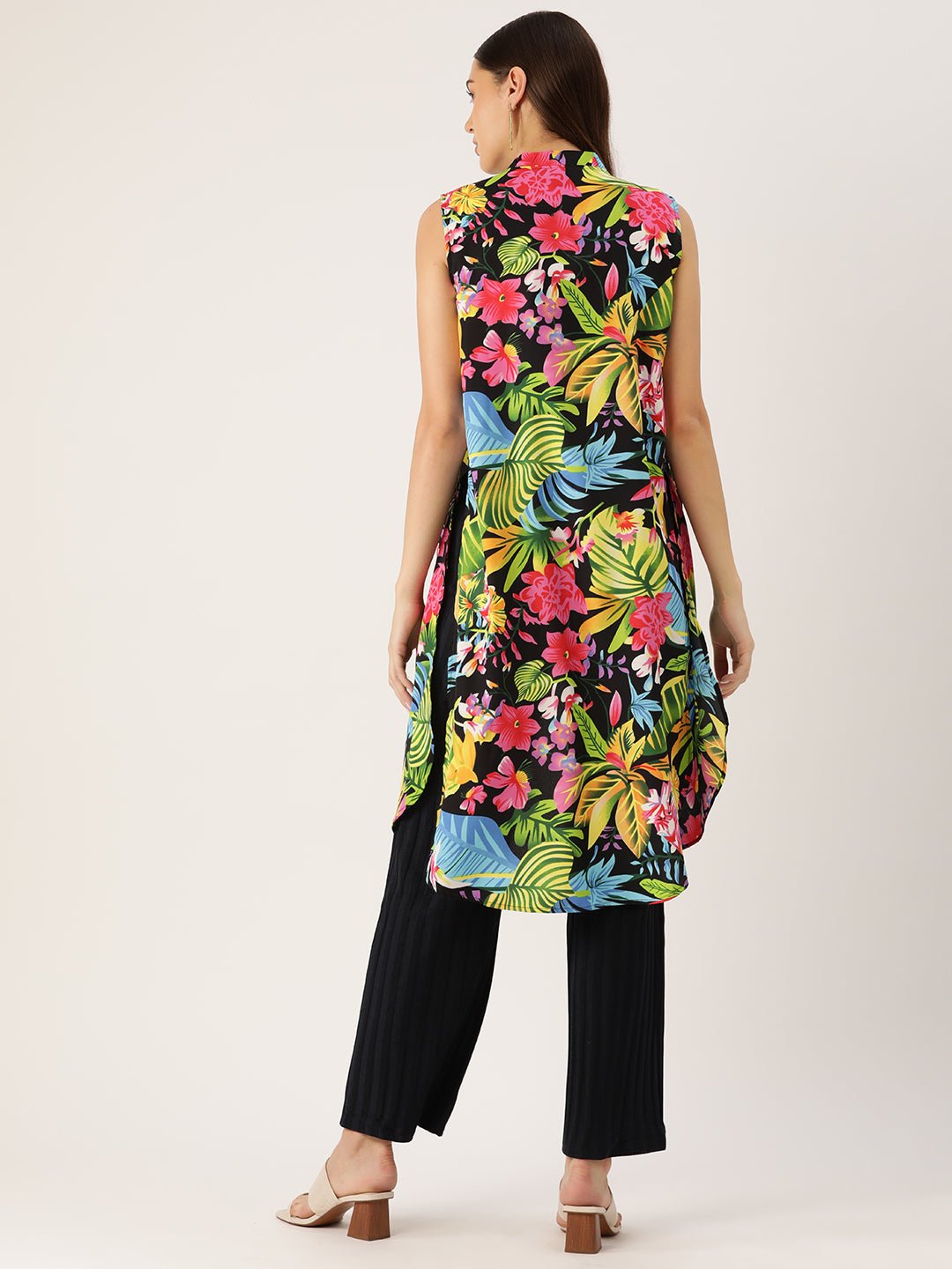 Women Multicoloured Printed Open Front Longline Shrug - RueCollections