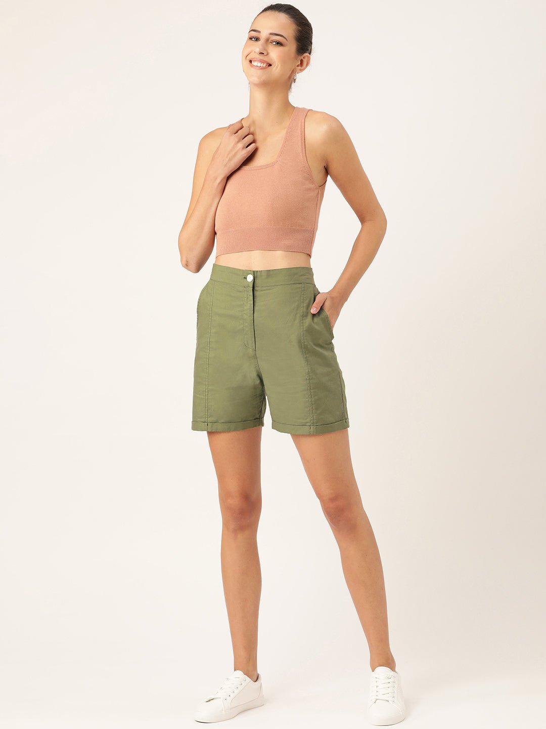 Women Olive Green Solid Regular Shorts - RueCollections