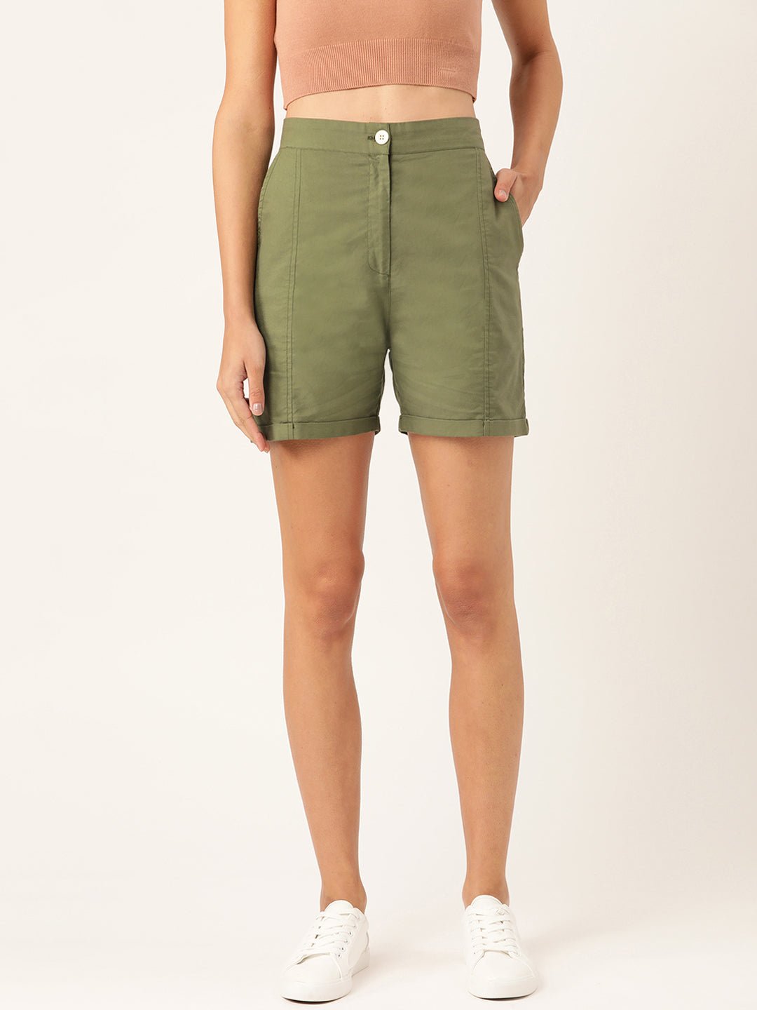 Women Olive Green Solid Regular Shorts - RueCollections