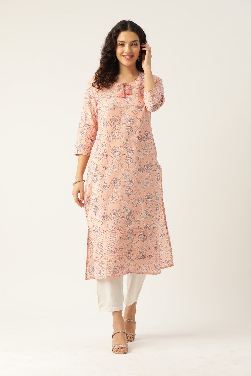 Women Peach Printed Pintuck Kurta - RueCollections