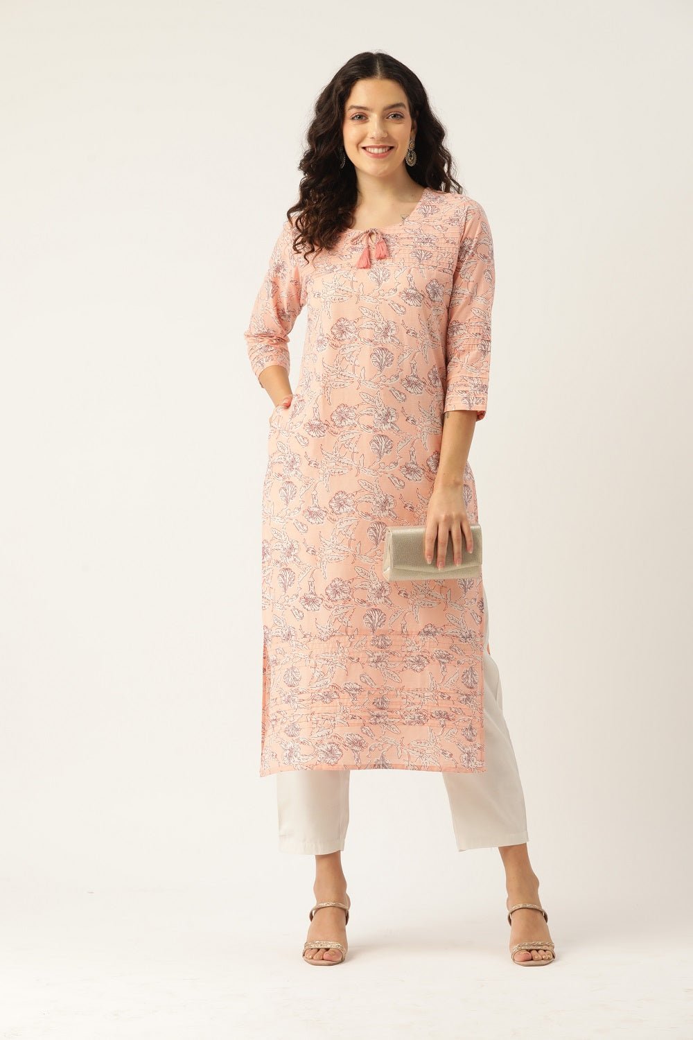 Women Peach Printed Pintuck Kurta - RueCollections