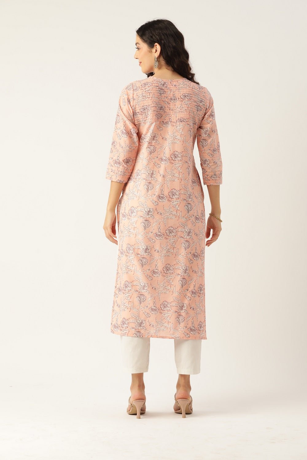 Women Peach Printed Pintuck Kurta - RueCollections