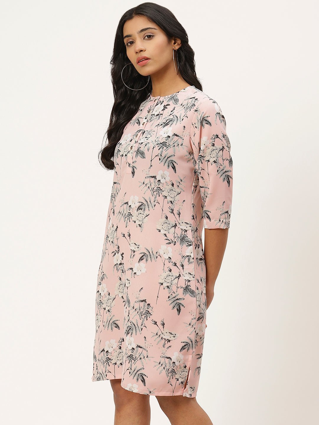 Women Pink & Grey Floral Printed Shift Dress - RueCollections